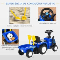 HOMCOM Trator para Crianças de 12-36 Meses com Reboque Removível Carro Andador com Buzina Farol Pá e Ancinho Carga 25kg 91x29x44cm Azul(m-5)