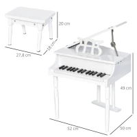 HOMCOM Piano de Cauda Infantil com 30 Teclas Banco Suporte de Partituras Piano para Crianças de MDF Instrumento Musical Educativo 52x50x49cm Branco(m-3)