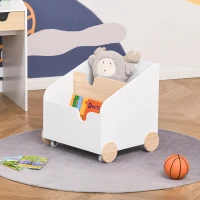 HOMCOM Caixa de Armazenamento de Brinquedos de 2 Seções com Rodas Puxador Carrinho de Madeira Infantil 40x43x43cm Branco e Madeira Natural(m-2)