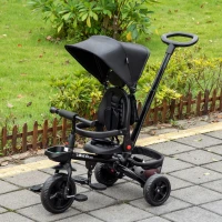 HOMCOM Triciclo Infantil 4 em 1 Bicicleta para Crianças 1-5 Anos com Assento Giratório Capô Ajustável Guidão de Empurre e Apoio para os Pés Dobrável 111,5x52x98cm Preto(m-2)