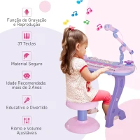 HOMCOM Piano Infantil 37 Teclas Teclado Eletrônico Brinquedo Educacional para Crianças + 3 Anos com Microfone Banco de Luzes e 22 Canções USB/MP3 Karaokê Rosa(m-5)