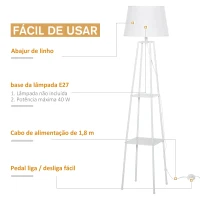 HOMCOM Lâmpada de pé Tripé de metal Soquete E27 de Máximo 40W com tela de linho e prateleira de 2 níveis 35,5x35,5x158 cm Branco(m-4)