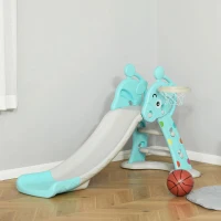 HOMCOM Escorrega Infantil Dobrável com Cesta de Basquetebol para Crianças acima de 18 meses Modelo Girafa para Interiores e Exteriores 140x87x75cm Azul e Cinza(m-10)