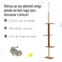 PawHut Arranhador para Gatos de Chão ao Teto com Altura Ajustável 4 Plataformas e Poste de Sisal 43x27x228-260 cm Marrom Escuro(m-4)