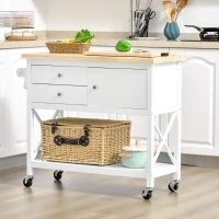 HOMCOM Carrinho de Cozinha com Rodas Aparador Multifuncional com Armário 2 Gavetas Prateleira e Barra para Panos 108x45x89cm Branco(m-9)
