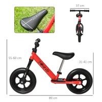 HOMCOM Bicicleta sem Pedais para Crianças de 2-5 Anos com Assento e Guiador Ajustáveis Bicicleta de Equilíbrio Infantil com Estrutura de Aço 89x37x55-60cm Vermelho(m-3)