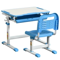 HOMCOM Secretária Infantil 2 em 1 Conjunto de Secretária e Cadeira para Crianças acima de 6 Anos com Altura Ajustável Mesa com Ângulos Regulável e Bandeja Deslizante 66x47x77cm Azul(m-1)