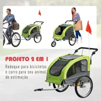 PawHut Reboque Bicicleta 2 em 1 com Guiador Amortecimento Roda Giratória 360° Refletores 155x83x108 cm Verde e Cinza(m-4)