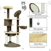 PawHut Árvore Arranhador para Gatos Grande Altura 153cm Torre de Escalada para Gatos com Caverna Redes Plataformas Postes Arranhadores de Sisal e Bola Suspensa Marrom e Bege(m-5)