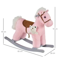 HOMCOM Cavalo Baloiço para Crianças de 18-36 Meses Cavalo de Balançar com Ursinho de Pelúcia Sons de Relinchos e Galopes base de Madeira 65x26x55cm Rosa(m-3)