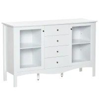 HOMCOM Aparador de Cozinha Armário Buffet com 2 Armários Porta de Vidro Prateleira Interior Ajustável e 4 Gavetas para Sala de Jantar Sala de Estar 136x45x85cm Branco(m-1)