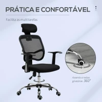 Vinsetto Cadeira de Escritório Giratória Ergonômica com Altura Ajustável Função de Inclinação Apoio para a Cabeça e Suporte Lombar 63x62x109-117cm Preto(m-6)