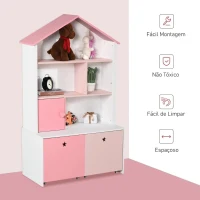 HOMCOM Estante de Madeira Infantil Estante de Livros para Crianças com 4 Compartimentos 1 Porta e 2 Gavetas Removíveis com Rodas para Livros Brinquedos 80x34x130cm Rosa e Branco(m-7)