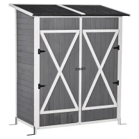 Outsunny Armário de Jardim de Madeira 139x75x160cm Armário para Armazenamento de Ferramentas com Prateleira Móvel e Ganchos Cinza(m-1)
