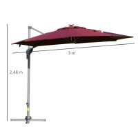 Outsunny Chapéu de Sol Excêntrico Φ300x248cm com Proteção UV 50+ Giratório 360º com Manivela Luzes LED Painel Solar e Teto Reclinável Vinho(m-3)