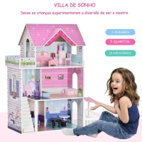 HOMCOM Casa de bonecas 3 andares com Pátio Mobília acessórios Madeira 86x30x87 cm Rosa(m-7)
