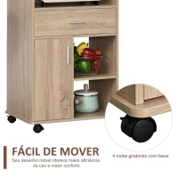 HOMCOM Carrinho de Cozinha para Microondas com 4 Rodas e Freios Gaveta Prateleiras abertas Compartimento com porta 60x40x108 cm Carvalho(m-7)