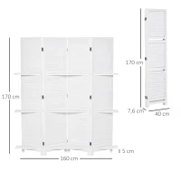 HOMCOM Biombo de 4 Painéis de Madeira Separador de Ambiente Dobrável com 3 Prateleiras Removíveis Desenho Persiana para Dormitório Escritório 160x170cm Branco(m-3)