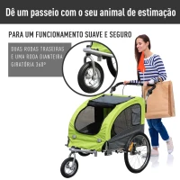 PawHut Reboque Bicicleta 2 em 1 com Guiador Amortecimento Roda Giratória 360° Refletores 155x83x108 cm Verde e Cinza(m-5)