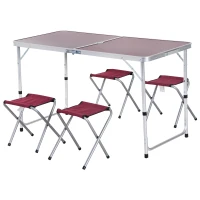 Outsunny Mesa Mala de Alumínio com 4 tamboretes dobrável portátil Altura Ajustável para Acampamento 120x60x69cm Marrom e Vermelho(m-1)