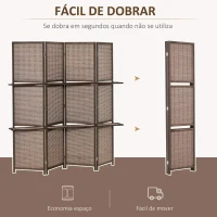 HOMCOM Biombo de 4 Painéis de Bambu Separador de Ambientes Dobrável com 2 Prateleiras Removíveis para Dormitório 180x180cm Marrom(m-6)