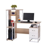HOMCOM Secretária para Computador Escritório Branco Gabinete Prateleiras com Gavetas 133x55x123 CM Natural(m-8)