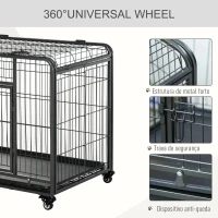 PawHut Gaiola de metal dobrável para cães com rodas e freios Bandeja removível e porta com travas  109,5x71x78 cm Cinza escuro(m-7)