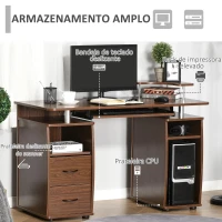 HOMCOM Secretária para computador com prateleiras múltiplas Bandeja para teclado Suporte para CPU e 2 gavetas 120x55x85 cm Marrom(m-5)