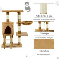 PawHut Árvore para gatos  com  Corda de Brincar Placa de Madeira e Revestido de Pêlo- Castanho - 30x55x96cm(m-4)