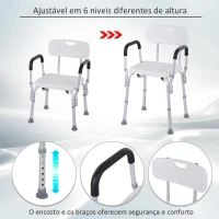 HOMCOM Cadeira para Duche Antiderrapante com Altura Ajustável em 6 Níveis Apoio para os Braços e Encosto 51,5x51,5x71-84 cm Branco(m-4)