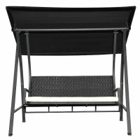 Outsunny Baloiço de Jardim de Vime PE com 3 Lugares Estrutura de Metal Almofada Toldo Ajustável Balcão Terraço Patio Carga Máx. 360kg 198x124x179cm Preto(m-9)