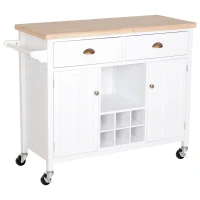 HOMCOM Ilha de Cozinha com Rodas com Gavetas Suporte para Garrafas Armários e Prateleira 113x45x89 cm Branco e Madeira(m-1)