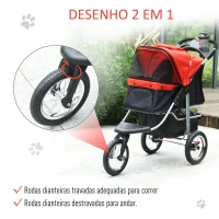PawHut Carrinho dobrável para animais de estimação com 3 rodas Correias de segurança e cesto de armazenamento 109,5x54,5x106,5 cm Vermelho e preto(m-7)
