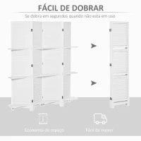 HOMCOM Biombo de 4 Painéis de Madeira Separador de Ambiente Dobrável com 3 Prateleiras Removíveis Desenho Persiana para Dormitório Escritório 160x170cm Branco(m-6)