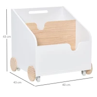HOMCOM Caixa de Armazenamento de Brinquedos de 2 Seções com Rodas Puxador Carrinho de Madeira Infantil 40x43x43cm Branco e Madeira Natural(m-3)