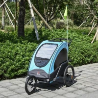 HOMCOM Reboque de criança 3 em 1 de 2 lugares para crianças acima de 6 meses Dobrável com barra rodas giratórias e guiador ajustável 150x85x107cm Azul(m-2)