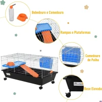 PawHut Gaiola para Roedores Pequenos com Rodas Habitat para Furões Porquinho da India com Comedouro Bebedouro Rampa 89x44x43cm Preto(m-6)