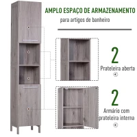 kleankin Coluna Casa de Banho Armário Alto Casa de Banho com 2 Prateleiras Abertas e 2 Armários 30x32x172,5 cm Madeira Acinzentada(m-5)
