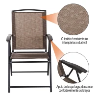 Outsunny Conjunto de Mesa e 2 Cadeiras  Cadeira Dobrável Encosto Reclináveis a 4 Níveis  Armação de Aço Marrom(m-5)