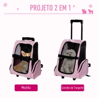 PawHut Transportadora 2 em 1 para Animais de Estimação Mochila ou Carrinho de Viagem para Cães e Gatos com 2 Rodas Alça Retrátil de Alumínio e Bolso de Armazenamento 42x25x55cm Rosa(m-5)
