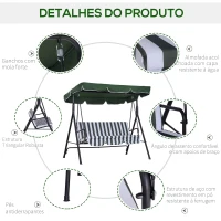Outsunny Baloiço de Jardim de 3 Lugares Baloiço com Teto Ajustável em Ângulo para Terraço Balcão Carga Máxima 200kg Aço 172x110x153cm Verde e Branco(m-4)