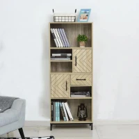 HOMCOM Estante com 5 compartimentos Gaveta 2 Armários com portas e Dispositivo Anti-tombamento 60x30x150 cm Madeira Natural(m-2)