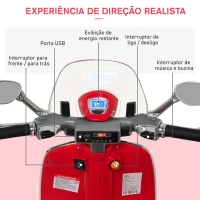 HOMCOM Mota Elétrica Vespa com Faróis Música 2 Rodas Auxiliares para Crianças acima de 3 Anos 108x49x75 cm Vermelha(m-6)