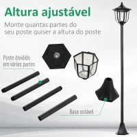 Outsunny Candeeiro Solar com Painel Solar Candeeiro de Jardim com 6 LEDS Autonomia 6-8 horas Ø26x177 cm Preto(m-6)