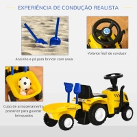 HOMCOM Trator para Crianças de 12-36 Meses com Reboque Removível Carro Andador com Buzina Farol Pá e Ancinho Carga 25kg 91x29x44cm Amarelo(m-5)