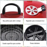 Outsunny Barbecue a Carvão Portátil Barbecue Pequena de Metal Esmaltado com 3 Pés Antiderrapantes Ø36,5x54cm Preto e Vermelho(m-7)