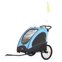 HOMCOM Reboque de criança 3 em 1 de 2 lugares para crianças acima de 6 meses Dobrável com barra rodas giratórias e guiador ajustável 150x85x107cm Azul(m-1)