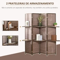 HOMCOM Biombo de 4 Painéis de Bambu Separador de Ambientes Dobrável com 2 Prateleiras Removíveis para Dormitório 180x180cm Marrom(m-5)