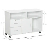 HOMCOM Móvel Auxiliar de Escritório Móvel Arquivador com Rodas Prateleiras Gaveta e Armário Multiuso com Grande Armazenamento 100x35x65cm Branco(m-3)