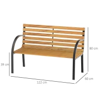 Outsunny Banco de jardim 2 lugares com encosto e apoios de braços Ripas de madeira e estrutura de aço Carga 230 kg 122x60x80 cm Cor natural e preto(m-3)